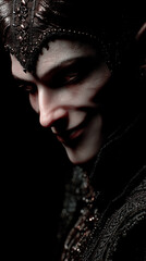 gothic character with ornate crown and dramatic makeup in low light fantasy setting