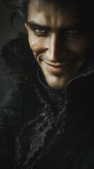 sinister character with slicked-back hair and intense smile wearing a dark textured garment in dramatic lighting