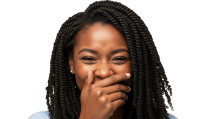 A black woman with braided hair covering her mouth and laughing, isolated on transparent background facial expressions, human feelings