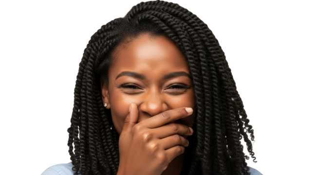 A black woman with braided hair covering her mouth and laughing, isolated on transparent background facial expressions, human feelings