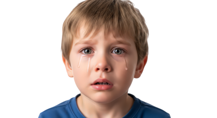Closeup portrait of a young caucasian boy crying with tears streaming down his face, isolated on transparent background facial expressions, human feelings