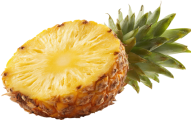 A sliced pineapple, vibrant yellow flesh, green leaves