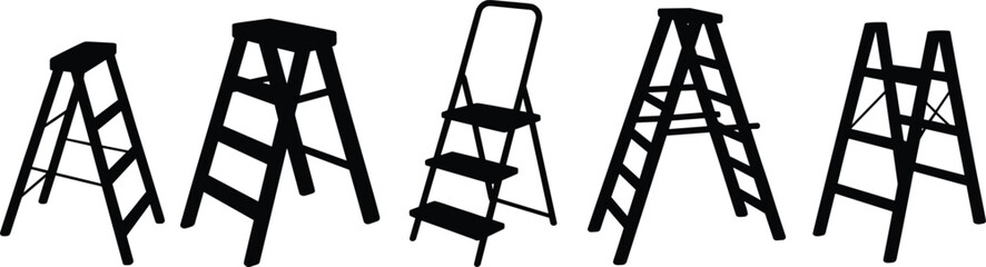 Silhouette vector illustration of various ladders including step ladders, folding ladders, and household ladders, black ladder icons for construction, repair, maintenance design