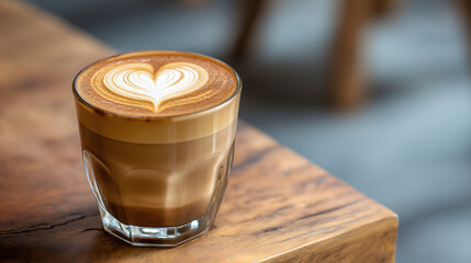 latte art heart-shaped coffee in a glass on wood