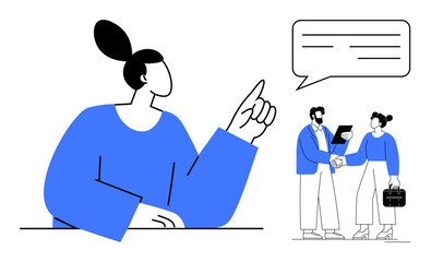 Professional woman raising index finger, speech bubble above. Two individuals shaking hands, completing a business deal. Ideal for communication, teamwork, collaboration, agreement, leadership