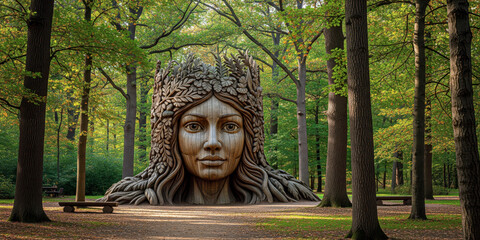 Mysterious ancient statue head of a woman emerges from a lush green forest with dappled sunlight