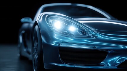 Sleek modern sports car with shiny blue glow and illuminated headlights.