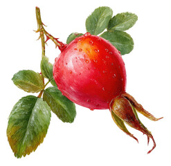 Vibrant, detailed illustration of a single dog-rose fruit with water droplets