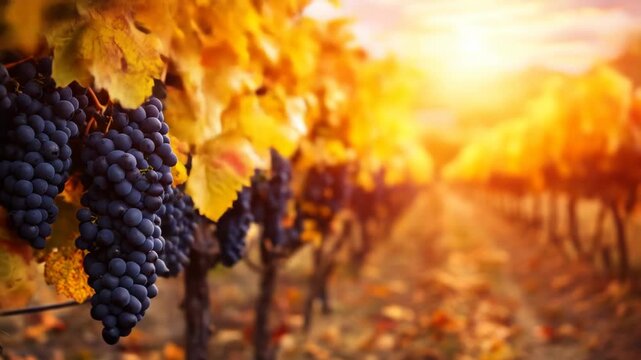 Vineyard grapes at sunset, ripe fruit on vines with autumn foliage