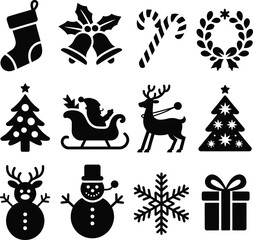 Black Christmas Icons Collection on White Background holiday winter
