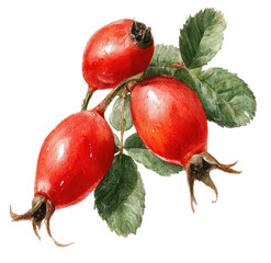 Hand-painted illustration of three vibrant red rose hips