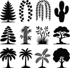 Black Silhouette Tree And Plant Icons Collection On White Background pine tree willow tree