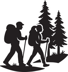 PrintSilhouette of two hikers with backpacks walking through a forest