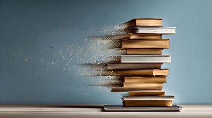 Stack of books disintegrating into particles, representing knowledge, learning, and the digital age.