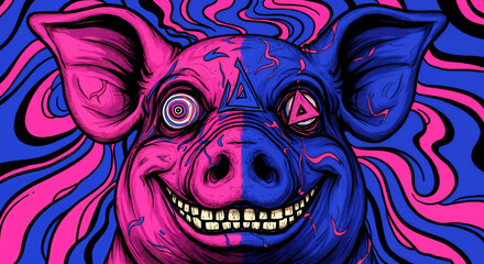 A bizarre and surreal psychedelic illustration of a smiling pig's face, split into vibrant pink and blue halves, with a wide, toothy grin and unsettling, hypnotic eyes.