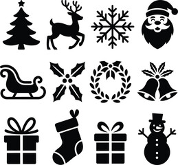 Christmas Holiday Icons Black Silhouette Collection santa claus