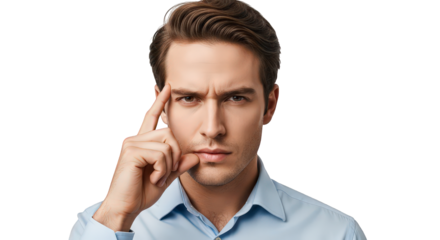 Man with finger on temple thinking hard isolated on transparent background facial expressions, human feelings