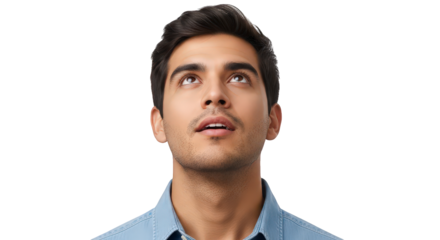 Man looking up with mouth open isolated on transparent background facial expressions, human feelings
