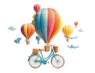 Colorful hot air balloons ride a bicycle through the sky