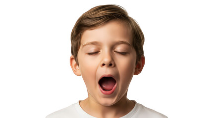 Young boy yawning with mouth wide open, eyes closed, isolated on transparent background facial expressions, human feelings