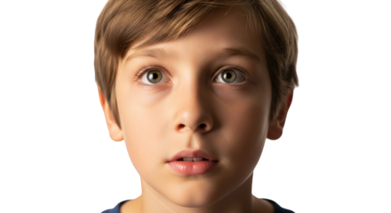 Young boy looking up with curious expression, isolated on transparent background facial expressions, human feelings