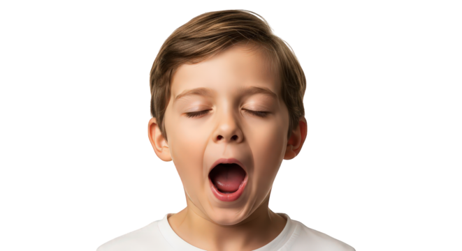Young boy yawning with mouth wide open, eyes closed, isolated on transparent background facial expressions, human feelings
