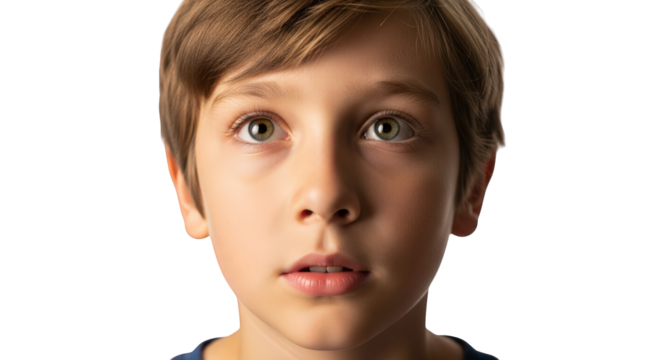 Young boy looking up with curious expression, isolated on transparent background facial expressions, human feelings