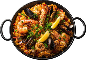 Seafood paella in a black pan (1)