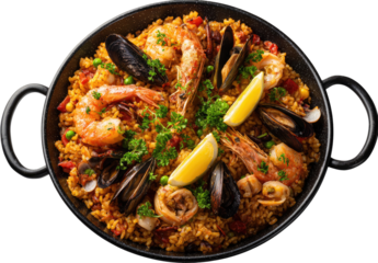 Seafood paella in a black pan (1)
