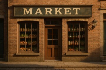 Rustic small market storefront in brick with retro painted sign, empty sidewalk, nostalgic atmosphere, local retail vibe in soft warm light.


