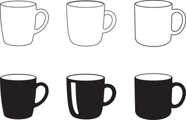 Six Coffee Mugs in Two Styles Black and White Illustration