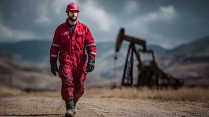 An oilfield worker in a red safety coverall and hard hat walks confidently across a dusty desert landscape with a blurred pumpjack in the background