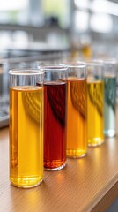 Five glass test tubes filled with various colorful liquids arranged on a wooden surface. Ideal for scientific or educational themes.