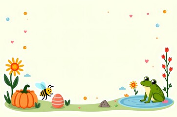 Fototapeta premium Cute Cartoon Border with Frog and Flowers
