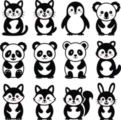 Cute Cartoon Animal Icons Set kitten penguin