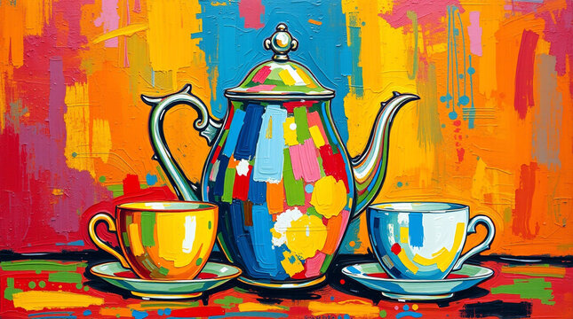  A bold acrylic painting of tea katel with cups 