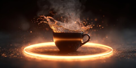 Vibrant photo of 3d rendering of a glowing neon circle around a cup of coffee on an isolated background.