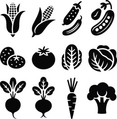 Fresh Vegetable Icons Set Keywords: corn, cob, cucumber, pepper, peas, pod, potato, tomato