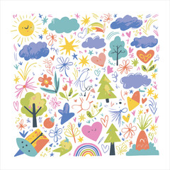 Playful Hand Drawn Doodle Illustration with Rainbows Flowers Clouds Stars and Hearts for Childrens Designs and Creative Projects and Cheerful Designs