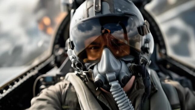 Fighter jet pilot in cockpit during explosive mission with helmet and visor reflection in intense battle scene, military concept