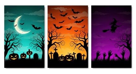 Spooky halloween night with glowing pumpkins, bats, and a witch flying across a crescent moon