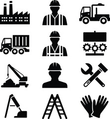 Industrial Construction and Labor Icons Set Keywords: factory, building, industry, construction
