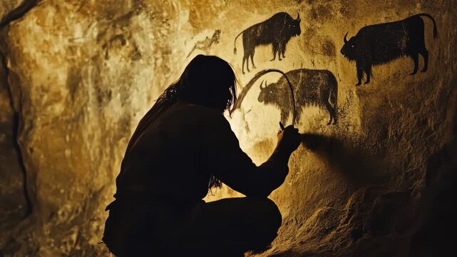 Silhouette of ancient caveman drawing animals on cave wall, neanderthal painting bison, concept of prehistoric art, early human civilization