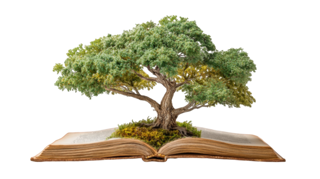 Open book with a bonsai tree