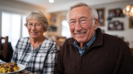 Two smiling elderly people share a meal at a cozy dining table, showcasing warmth and companionship in a homey setting.