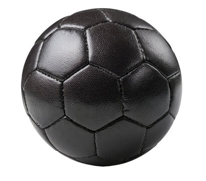 Close-up of a dark brown leather soccer ball