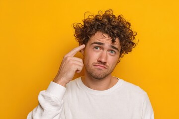 Young Curly Guy Making a Foolish Gesture by Twisting Finger at Temple, Expressing a Dumb Emotion