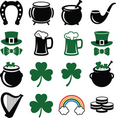 Saint Patrick's Day Icons and Symbols Set Keywords: horseshoe, pot of gold, cauldron, pipe, hat
