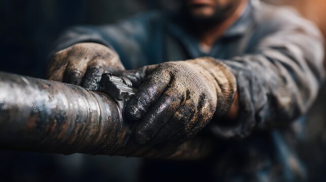 Gritty close up of a worker s gloved hands meticulously adjusting an oily metallic pipe in a challenging industrial setting