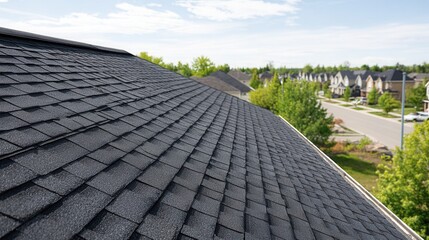 Fototapeta premium A close-up view of a black shingle roof on a residential home, showcasing the texture and design, with a suburban neighborhood in the background.